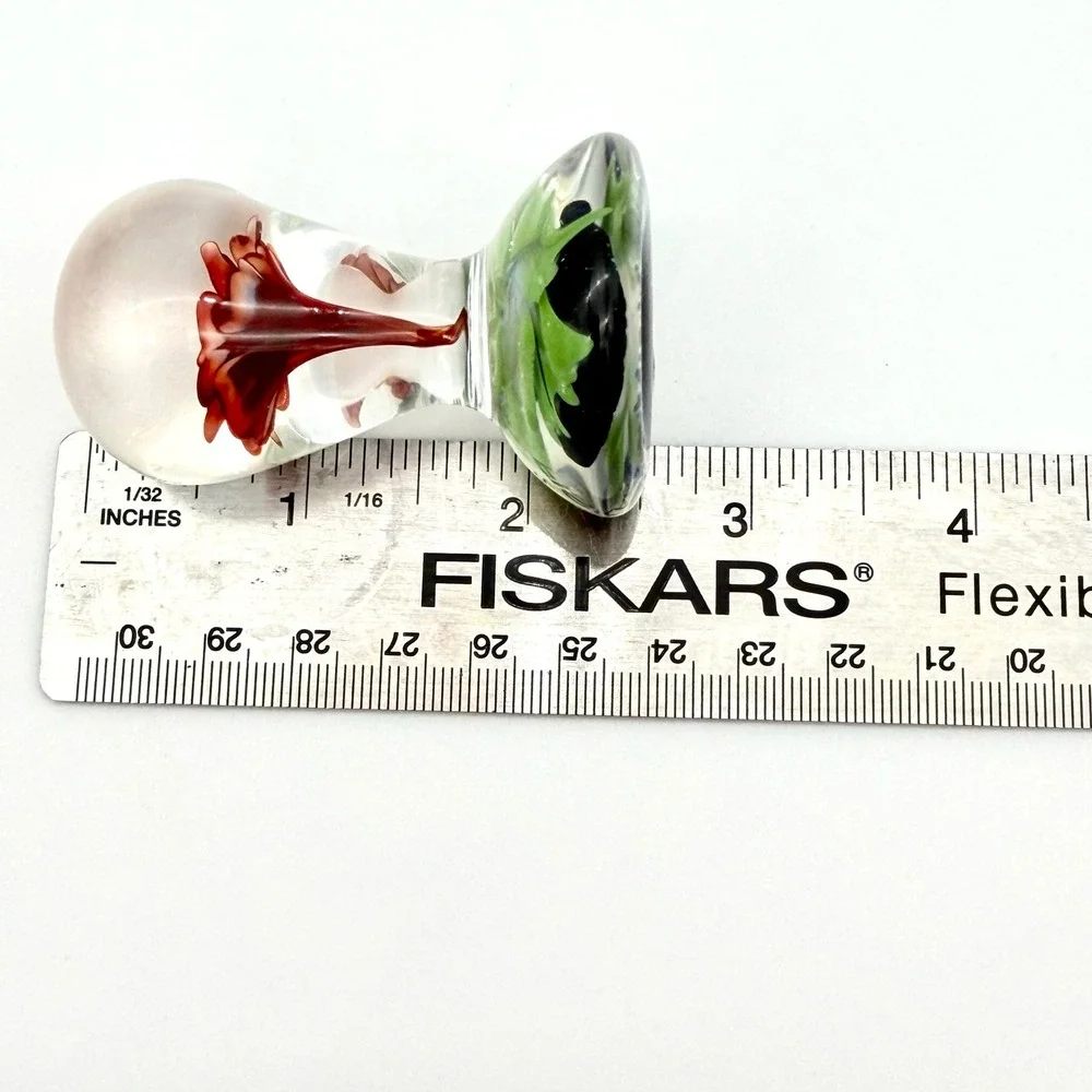 Artisan Glass Paperweight Red Lampwork Flower Green‎ Ruffled Base Blue Speckled